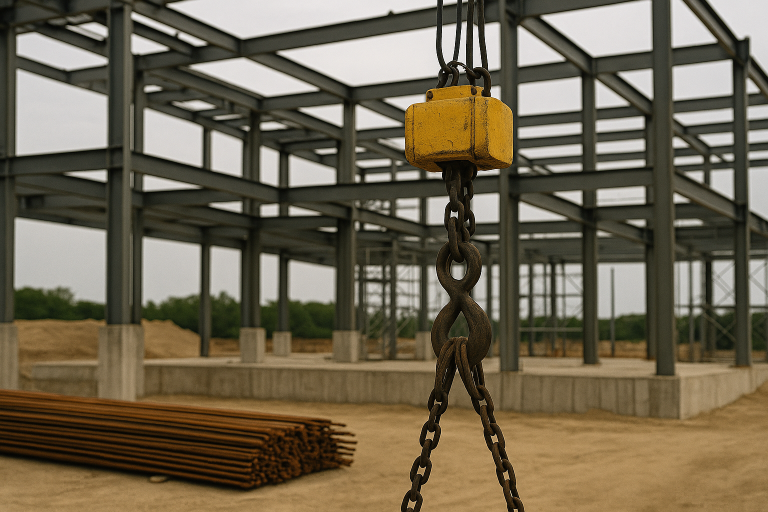 DC3 Equipos de Elevación | Estructura metálica en construcción con equipo de elevación tipo polipasto y cadenas para maniobras de carga.