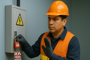Técnico aplicando un procedimiento de bloqueo y etiquetado eléctrico LOTO en un tablero de alto voltaje, equipado con casco y chaleco de seguridad.