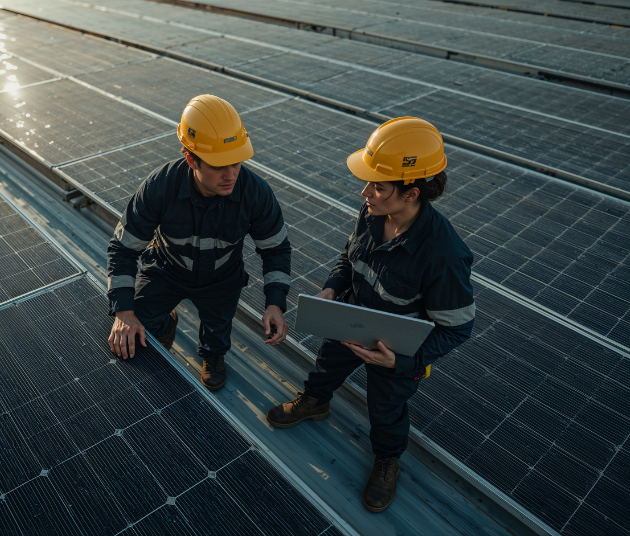 Es la imagen de dos hombres sobre un panel solar; ambos usan cascos amarillos y miden la eficiencia de un panel solar
