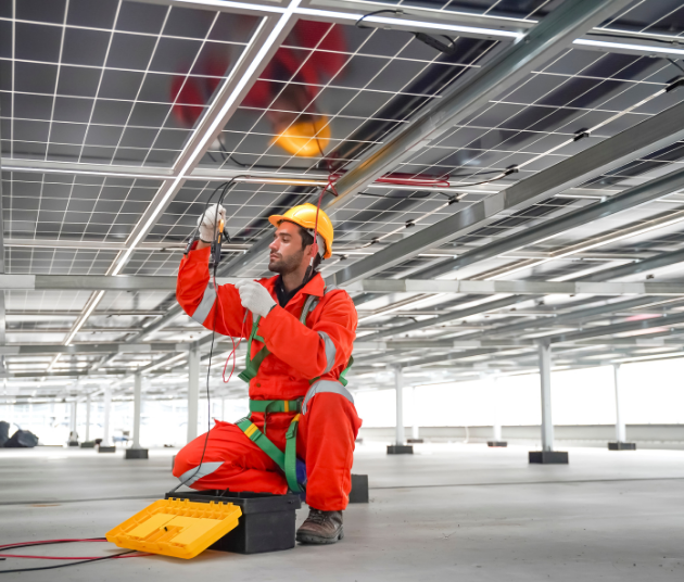 Es la imagen de un hombre realizando mantenimiento de paneles solares. Usa un traje color naranja fosforecente.