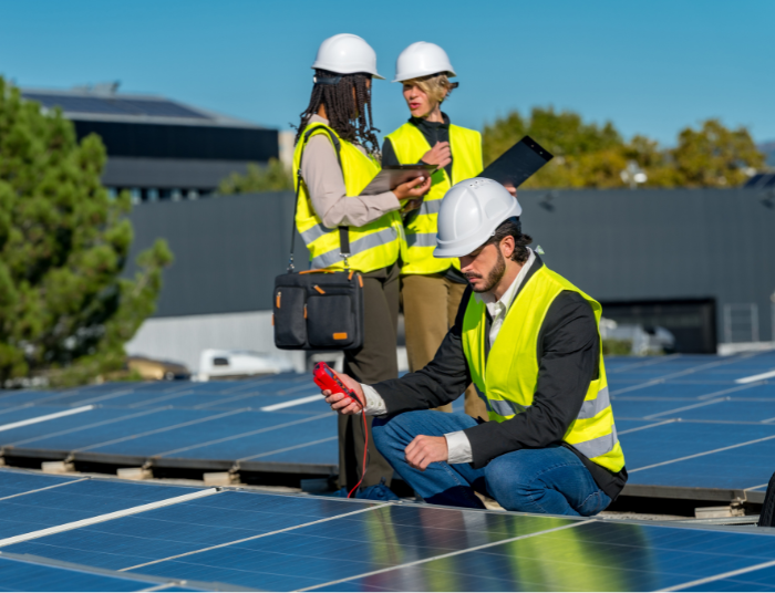 Es la imagen de dos mujeres y un hombre realizando mantenimiento de paneles solares. Todos ellos ocupan chaleco amarillo.