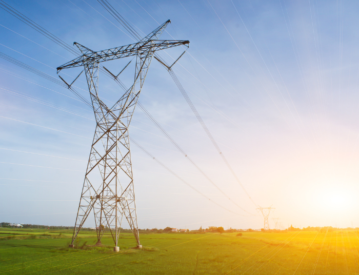 Es la imagen de unas torres eléctricas muy altas en un lugar donde hay pasto. Se usan como parte de la representación de picos de voltaje.